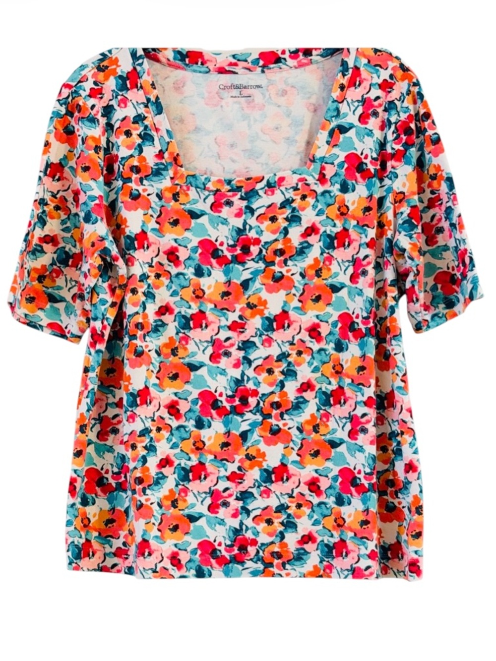 Croft & Barrow 100% Cotton Floral Square Neck Short Sleeve Top L